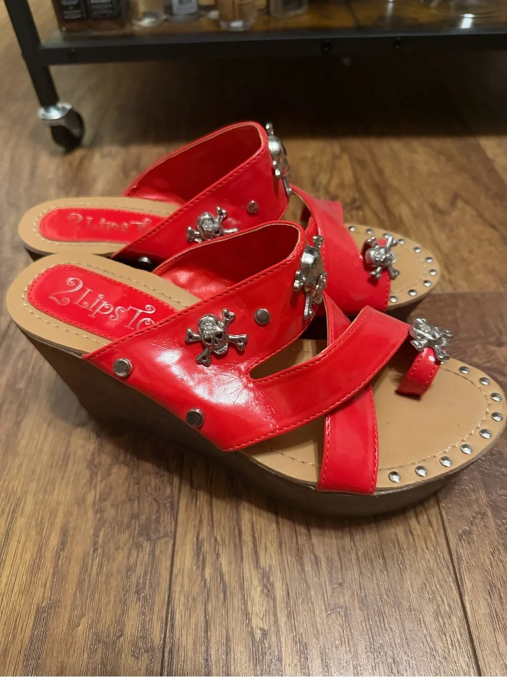 2 Lips Too Red Skull-Stud Wedge Sandals